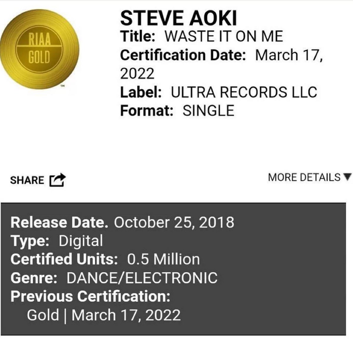 💜💜💜💜💜 we did it #ARMY!!! Waste It On Me record gets Gold in the 🇺🇸 status 🤩🤩🤩 🙏🙏🙏🙏🥳🥳🥳🥳 <a href="/BTS_twt/">방탄소년단</a>