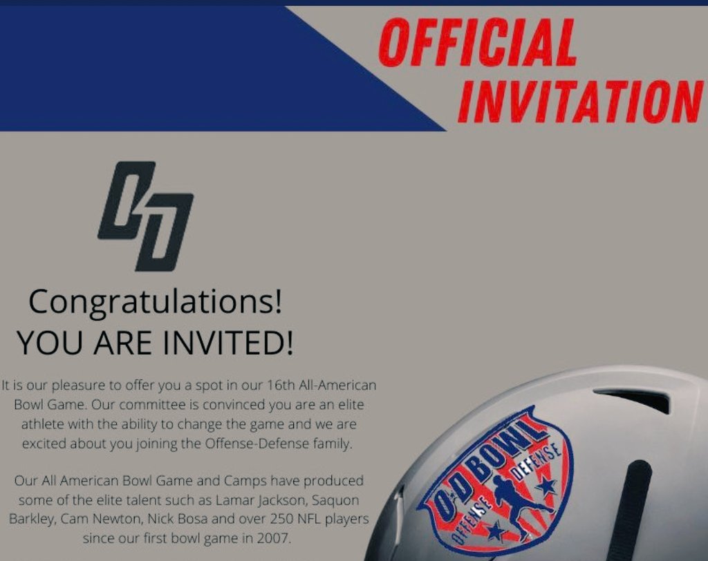 Blessed to receive an invite to the 2022 Offense-Deffense All-American National Championship 🏈🙏🏆
<a href="/ODFBall/">Offense🏈Defense</a> <a href="/CoachBigPete/">Peter "Coach Big Pete" Leinweber</a> <a href="/Bryan_Ault/">Bryan Ault - Midwest Scout</a> @PRZJordan <a href="/PrepRedzoneIL/">Prep Redzone Illinois</a> <a href="/EDGYTIM/">Timothy “EDGYTIM” OHalloran</a> <a href="/AllenTrieu/">Allen Trieu</a> <a href="/CoachSchneeman/">Derek Schneeman</a> <a href="/dekalb_football/">DeKalb Football</a> <a href="/TopGunQB/">Top Gun QB</a>