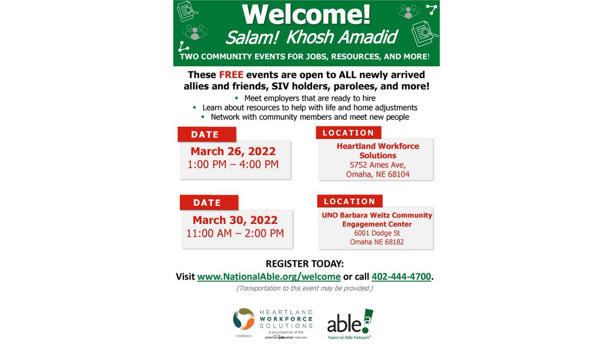 REMINDER: We're ONE WEEK away from our first event for newly arrived Americans and refugees. All are welcome to attend! Join us next Saturday, 3/26, from 1-4 pm @ HWS. See flyer for upcoming event details! 
#JobFair #JobSeekers #EmployOMA #NowHiring #Omaha #WorkforceDevelopment