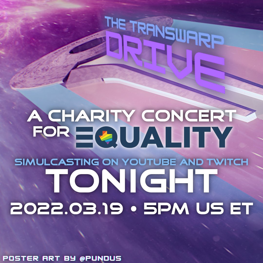 ElsewhereWorlds's tweet photo. The show's tonight! March 19th, 5pm US ET. Donations for @EqualityTexas will open with the show!

YouTube: https://t.co/8vCbsfgVHs
Twitch: https://t.co/zbIBgIQKsK

#TranswarpDrive #charityconcert #virtualconcert #onlineconcert #TransRightsAreHumanRights #respecttransyouth https://t.co/hhTiLJEKPV