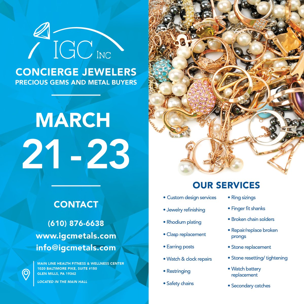 MLHFitandWell's tweet photo. IGC Inc. Concierge Jewelers will be visiting the Center!

They will be on-site for all your jewelry needs from Monday, March 21st through Wednesday, Wednesday 23rd! https://t.co/4ISKJEAuJs