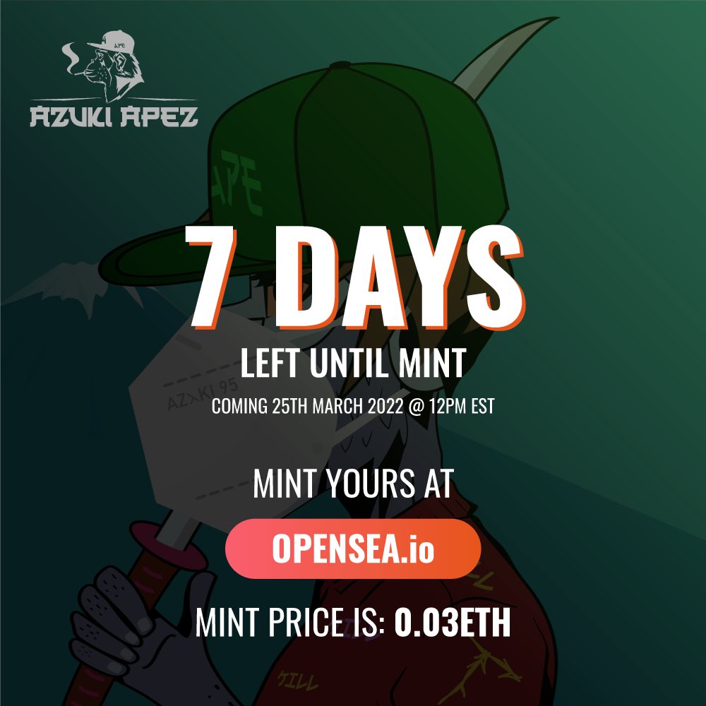 AzukiApez's tweet image. 7 days remaining until Azuki Apez are unleashed into the wild. Get ready by checking out our roadmap on azukiapez.com and joining our Discord. #WAGMI #AAGC #NFT #MINT #BlueChip #NFTCommunity