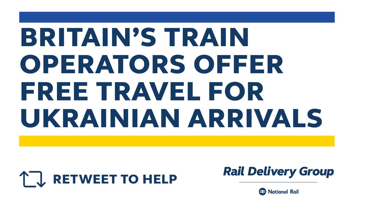RailDeliveryGrp's tweet photo. Train operators will provide free travel for 🇺🇦 Ukrainian arrivals to their final destinations on the national rail network across England, Scotland and Wales. Retweet to spread awareness of the scheme to help those in need. 🔁  https://t.co/qCSsdwA4oZ https://t.co/4L8Pzzpjpd