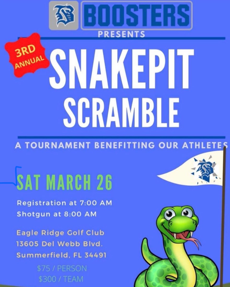 BHSAthletic1's tweet photo. 🚨We are 1 week away from our Snakepit Scramble Golf Tournament benefiting our BHS athletic programs and need your help! We need more golfers to make this a successful fundraiser!  Hole sponsorships are still available as well! Please help us make this event the best one yet! 🐍 https://t.co/LnGgO137g0