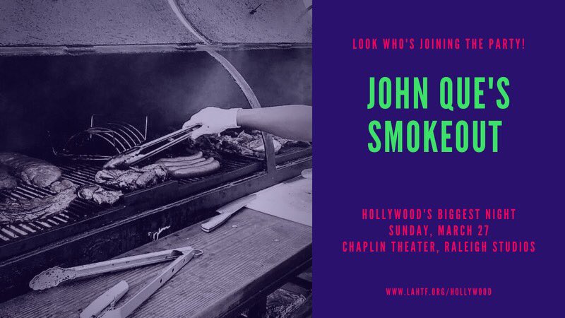 Official_LAHTF's tweet photo. We are excited to partner with John Que’s Smokeout for dinner with all the fixings at #HollywoodsBiggestNight. Don’t worry, he’s bringing vegan options too! Get your tickets today https://t.co/7aQOoEACr4 #oscars https://t.co/MGk9CUn55E