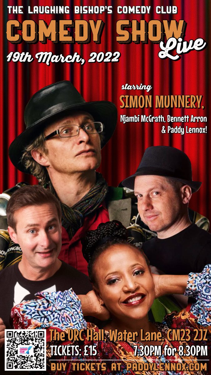 DunmowComedy's tweet photo. What a great night of comedy we have tonight. 
Tickets are selling fast so get a shift on!
@BennettArron @SIMONMUNNERY @NjambiMcgrath @paddylennox 
https://t.co/E1YJngXyYW https://t.co/hkUteVD0d5