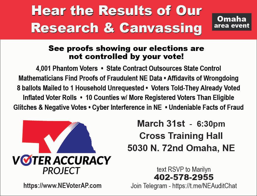 Omaha Area!

Check out our event Mar 31 at Cross Training Hall.

See proofs showing our elections are NOT controlled by your vote!

#oma #nebraska #negop #huskers #bellevuenebraska #papillonne #LaVista #elkhornnebraska