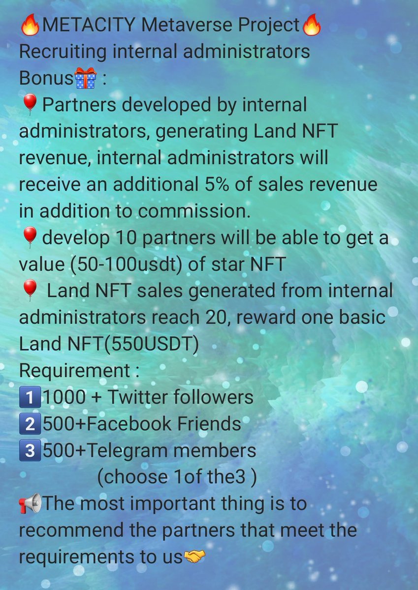 MetaCity2077's tweet photo. Want to get land nft for free
😱?, then join the metacity family, become our internal administrator, refer more partners to the discord administrator, details follow the official https://t.co/jvexyYMG8x
#nft #blockchain #metacity #metaverse #crypto https://t.co/YSfGWzp5ZP