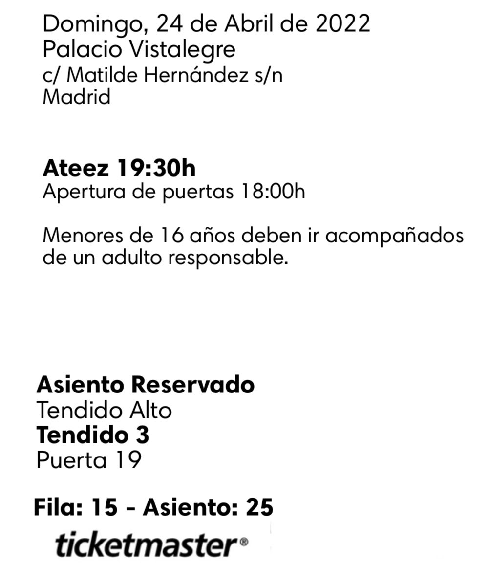 zapatebarislaba's tweet photo. @ATINYs_Spain Hola! Vendo tres entradas para concierto de @ATEEZofficial en Madrid el 24. Mis amigxs y yo compramos doble 😭

Puerta 19
Tendido alto 3
Fila 15
Asientos: 24, 25 y 26
Mismo precio que Tickermaster

@ATINYs_Spain help 🥺🖤 https://t.co/viuPzDgo7e