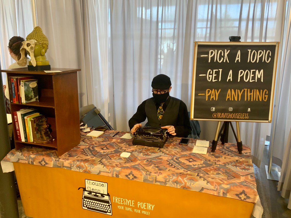 sjfmnl's tweet photo. Today is Houseless last market day! They are moving so be sure to stop by for a poem and show them some market love. We’ll miss having you with us ❤️
#sjfmnl #sjfm #poems #supportlocalpoets #stjohns https://t.co/KRZNbnsz28