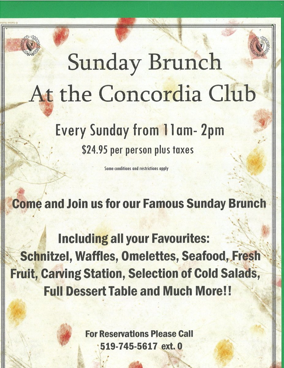 concordiac's tweet photo. Sunday Brunch is back! Starting Sunday, March 27th from 11:00a.m. to 2:00p.m. Give us a call to make your reservations at 519-745-5617 ext. 0 https://t.co/t790zjpDF4