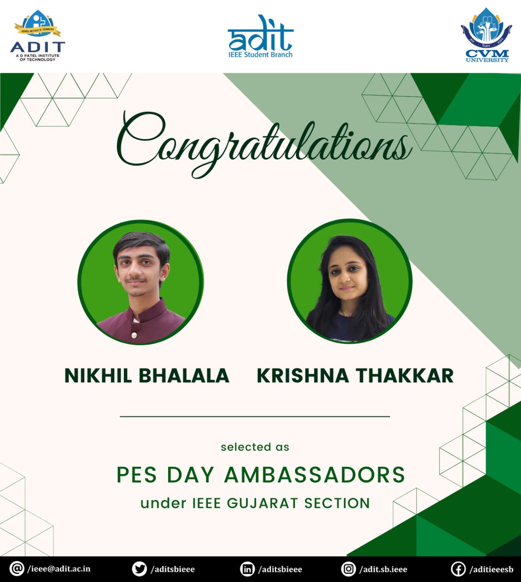 aditsbieee's tweet photo. A step towards progress has been made by the Chairperson and Vice-Chairperson of Power and Energy Society, Nikhil Bhalala and Krishna Thakkar respectively as they are selected as PES Day Ambassadors under IEEE Gujarat Section.

IEEE ADIT SB extends its heartfelt congratulations. https://t.co/vm6eHJ9rsZ
