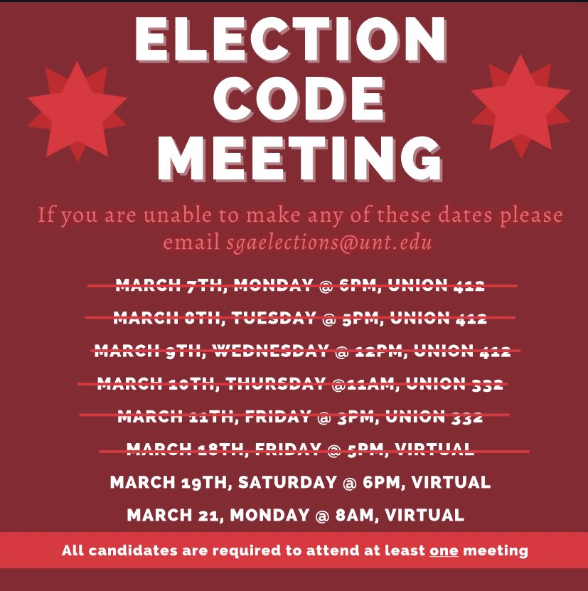 UNTSGA's tweet photo. 📢 Today’s Election Code Meeting is being held at 6 p.m. via Zoom! As a reminder, all SGA candidates are required to attend at least one meeting. Please DM us for the Zoom password! 💚

Contact sgaelections@unt.edu with any questions or concerns. 🦅 #UNT #UNTSGA https://t.co/s1jVQ7jhQZ