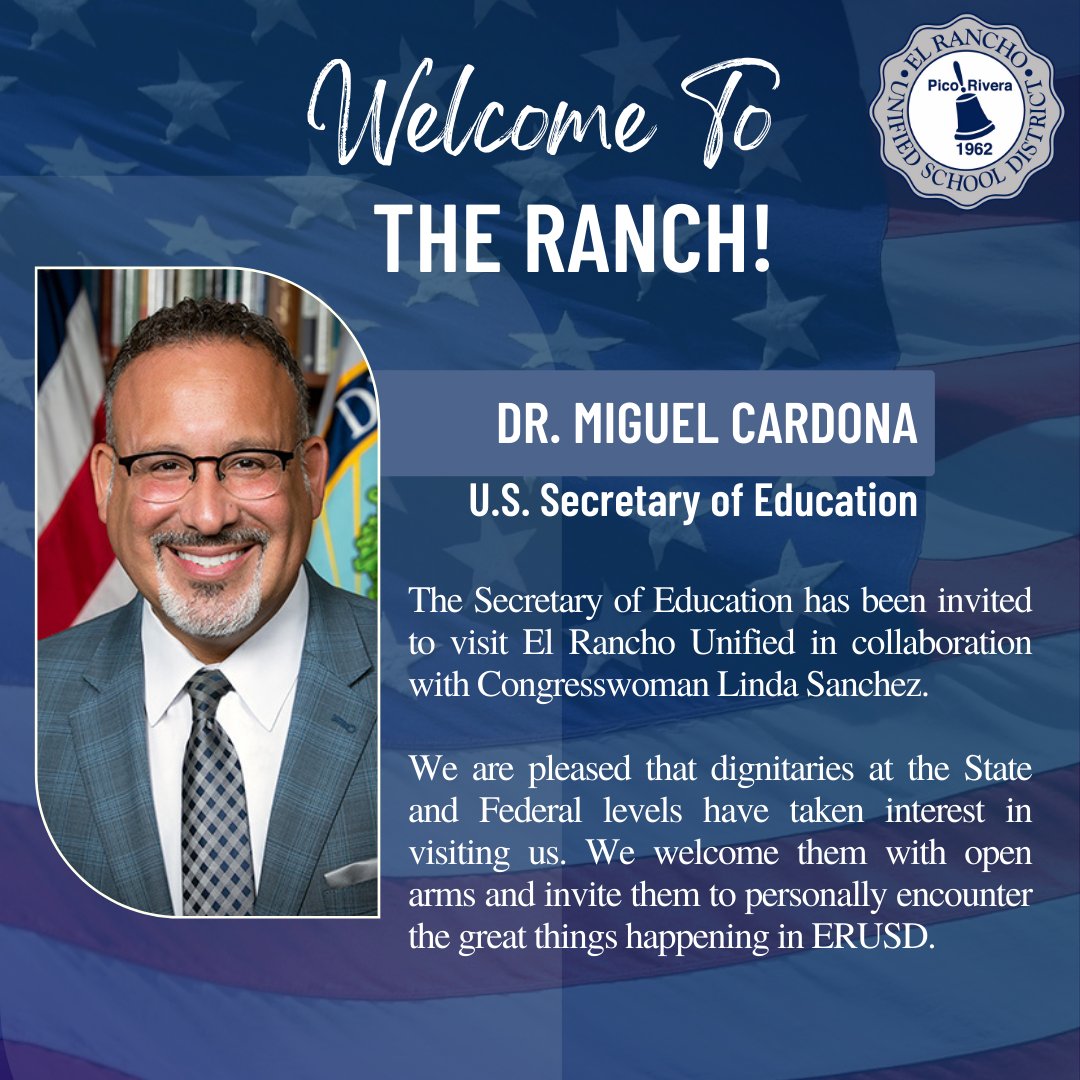 President Biden's Secretary of Education, Miguel Cardona will be visiting El Rancho Unified School District. The visit will take place at El Rancho High School on March 29, 2022.  
Let's Continue To Be El Rancho STRONG!💪
<a href="/SecCardona/">Secretary Miguel Cardona</a>
