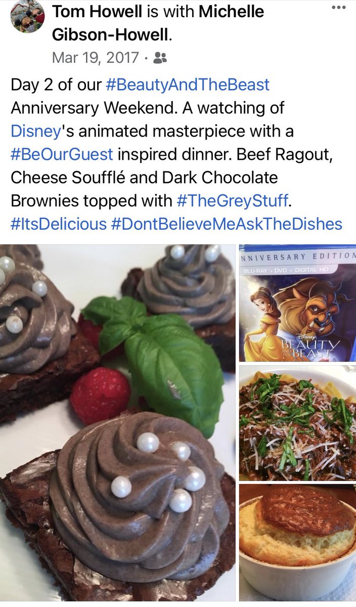 DisneyDishes's tweet photo. Throwback to 5 years ago when we celebrated our wedding anniversary with a Beauty and the Beast inspired meal. Beef Ragout, Cheese Soufflé &amp; The Grey Stuff. It was delicious. https://t.co/5OOjSUiC94