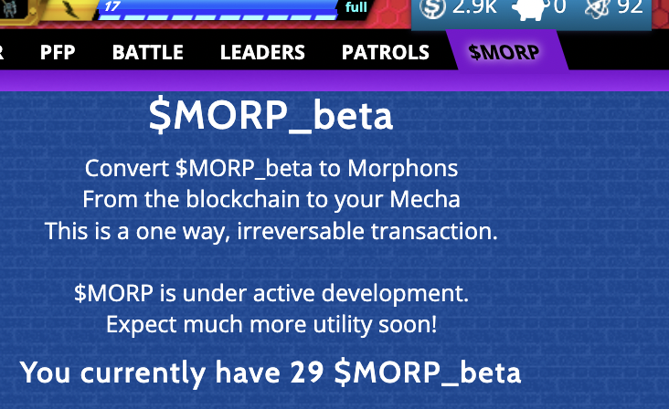 TheInfungibles's tweet photo. Our $MORP tab is live, and your mecha has a balance. Convert it to morphon particles in the game, and very soon, so much more. https://t.co/H90aFgFwjz