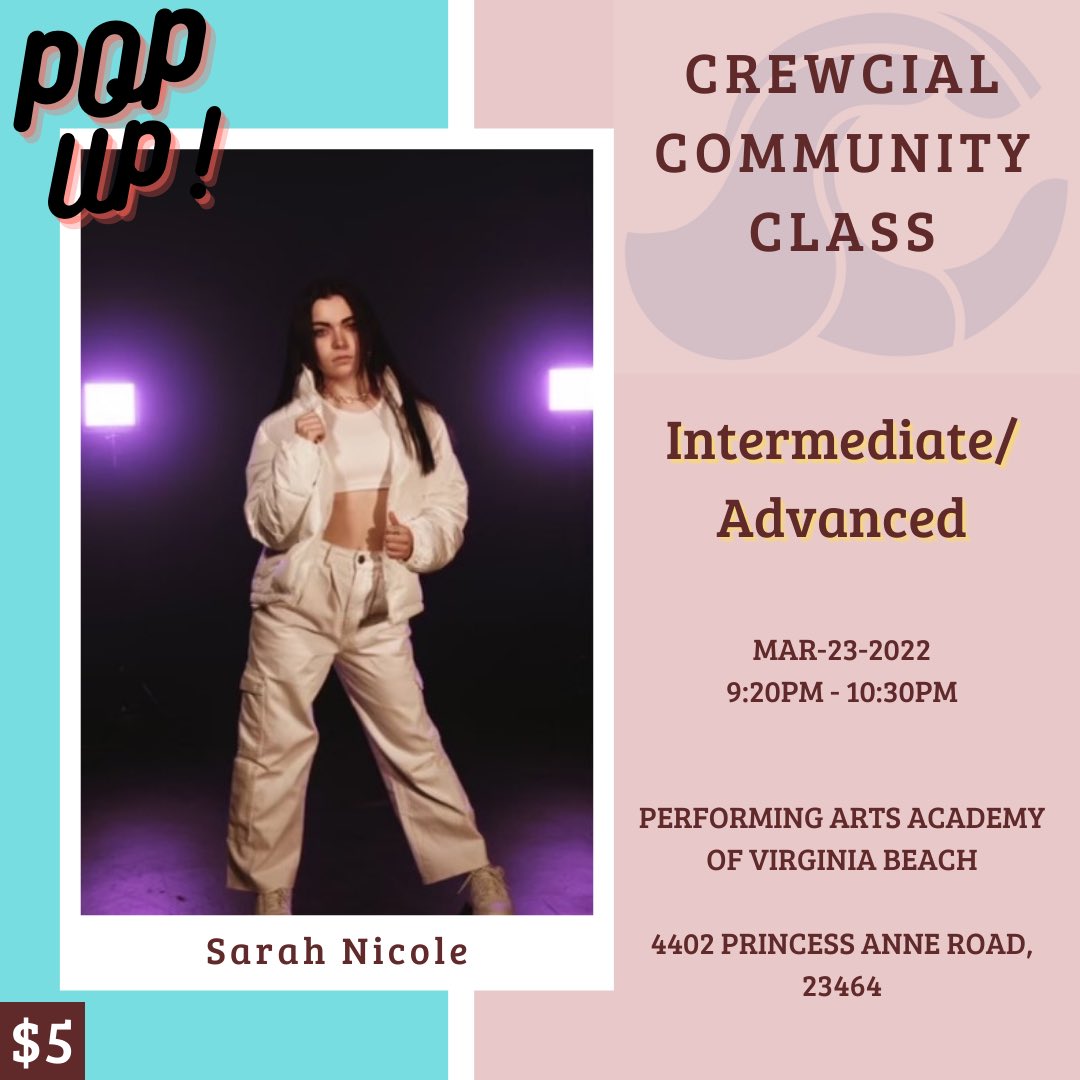 CREWcialVA's tweet photo. Next week we have a guest teacher Sarah Nicole! As usual community classes will be from 9:20pm-10:30pm and classes are only $5! So bring a friend or 2 or 5 and let’s gets this training and have fun!

‼️MASKS REQUIRED‼️ https://t.co/BTeEd4OqtZ