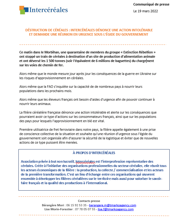 Inadmissible ! Ce matin dans le Morbihan des membres du groupe Extinction Rébellion ont déversé 1500 tonnes de céréales destinées à l’alimentation animale sur les voies ferrées. Nous demandons au <a href="/gouvernementFR/">Gouvernement</a>  une réunion d’urgence. Plus d’informations dans le CP ci-dessous.