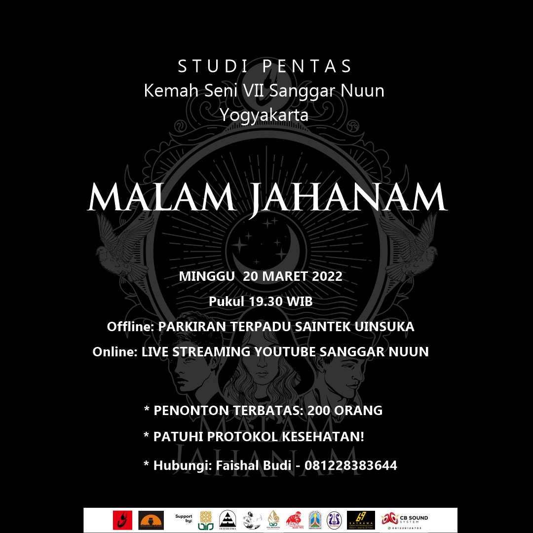 Hai Nuuners, Saksian studi pentas Kemah Seni 7

Acara ini diselenggarakan scra luring di lapangan terpadu UIN SUKA dan daring melalui kanal Youtube: Sanggar Nuun, Minggu (20/03) pukul 19.30 WIB. Peserta luring terbatas dengan jumlah 200 orang &amp; dengan mematuhi protokol kesehatan.