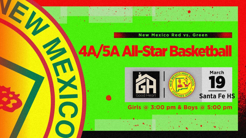 The Green &amp; Red All-Star Basketball games will be held today March 19 at SFHS in the Toby Roybal Gym!
Tickets will be sold at door

Come support our very own Demonette and Demon, 
Laisha Diaz and PJ Lovato