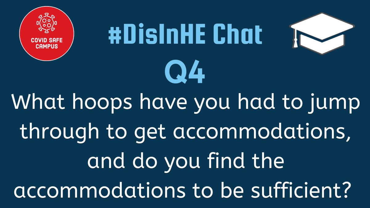 DisInHigherEd's tweet image. Q4: What hoops have you had to jump through to get accommodations and do you find the accommodations to be sufficient?

Use the hashtag #DisInHEChat! Feel free to answer all questions at your own pace. You can also DM us or @COVIDSafeCampus if you want to submit anonymously!