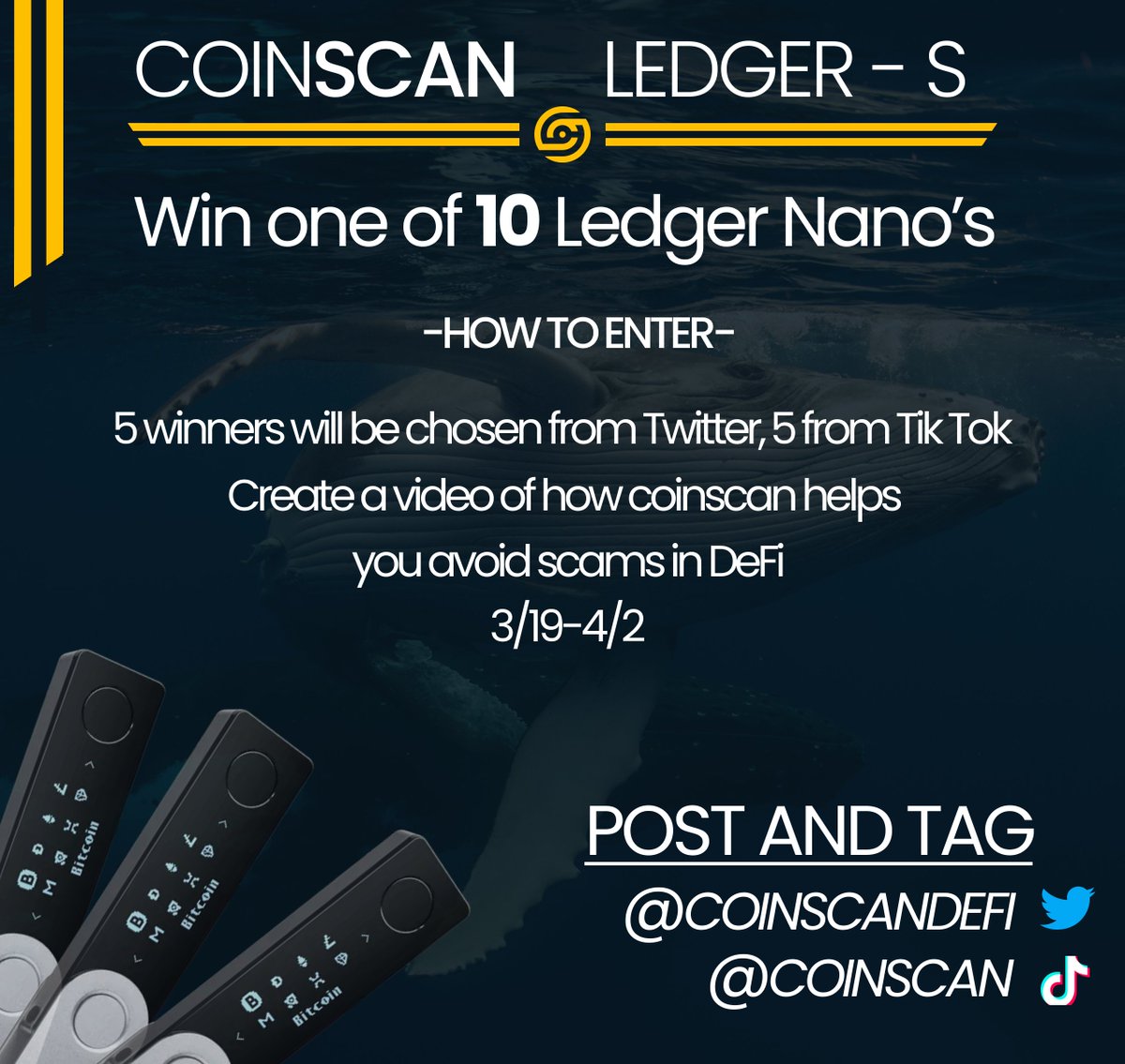 CoinScanDeFi's tweet photo. We're doing a #giveaway 10 @Ledger Nano S's!! Don't wanna miss this 🔥 https://t.co/NxS1svXST3
