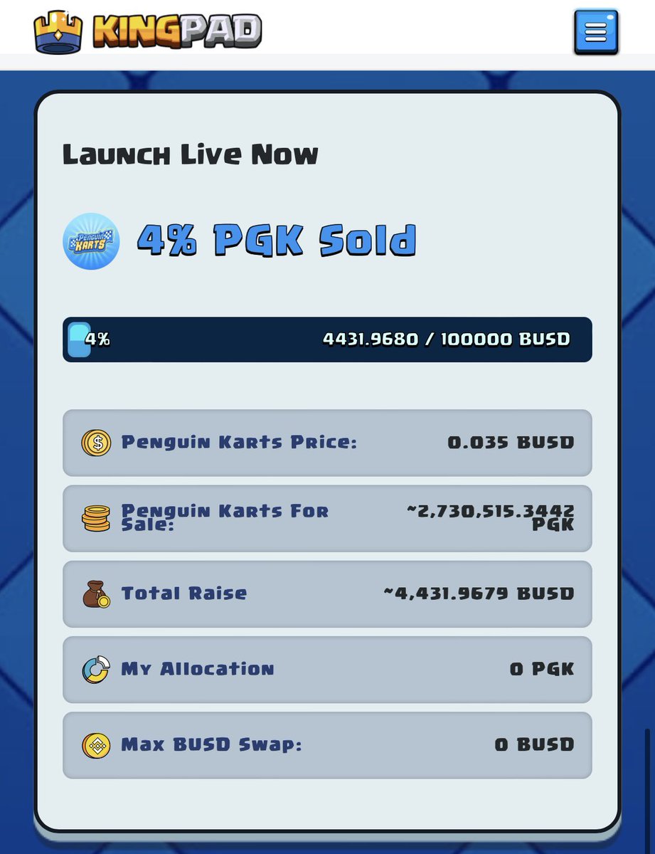 Kings, Knights &amp; Goblins! 👑

@penguinkarts IGO is live on KingPad.co! 

You can join PenguinKarts IGO from this link:

app.kingpad.co/projects/62345…

$CROWN #P2E #GameFi 🐧🎮