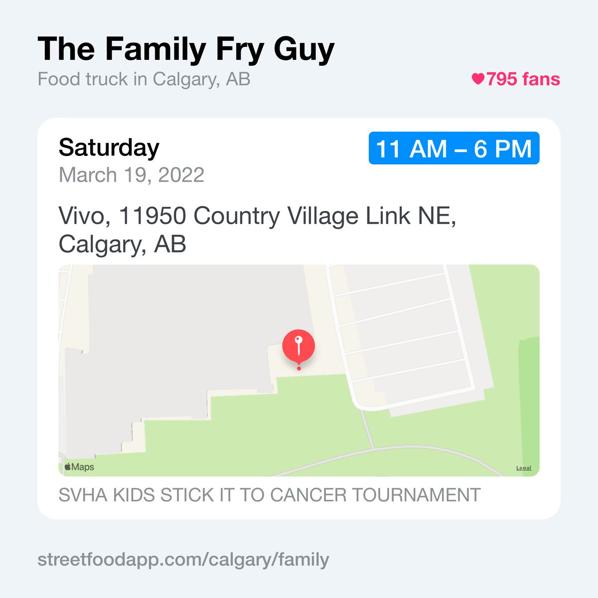 We're open Saturday March 19 from 11 AM - 5 PM at Vivo, 11950 Country Village Link NE, Calgary, AB.

streetfoodapp.com/calgary/family