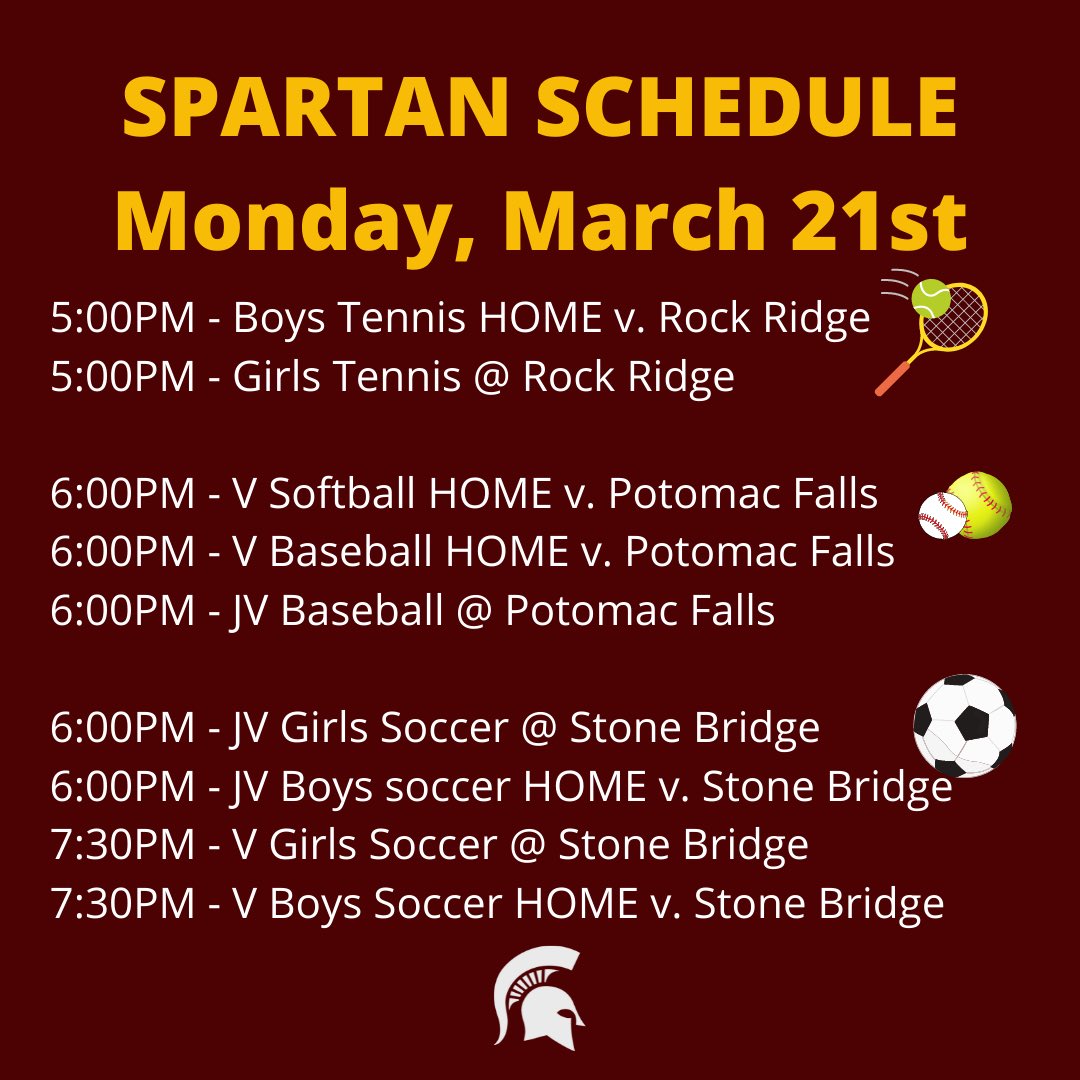 Spartan Schedule … Monday, March 21st ❤️⚾️🥎🎾⚽️💛 #gospartans