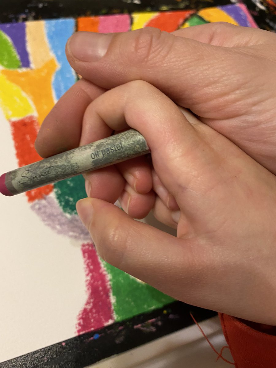 Ksyusha is holding a piece of oil pastel.  I am holding her hand.  And together we draw. #Backstage #NFTs #paralysed
