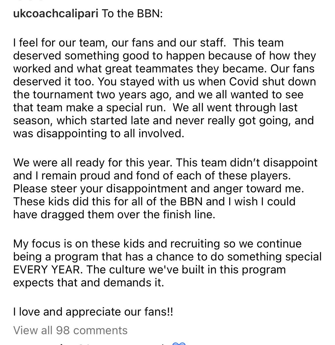 KySportsRadio's tweet photo. John Calipari with a note to the UK fans https://t.co/opplDjEFlz