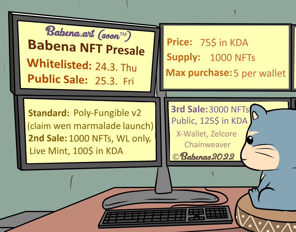 📢 𝗕𝗮𝗯𝗲𝗻𝗮 𝗡𝗙𝗧 𝗣𝗿𝗲𝘀𝗮𝗹𝗲 🔥 
Whitelisted: 24.3. Thursday
Public Sale: 25.3. Friday

15 x WL Giveaway🎉until Monday 5pm UTC
1⃣ Like &amp; RT
2⃣ Tag 3 frens
3⃣ Enter Telegram: t.me/BabenaNFT