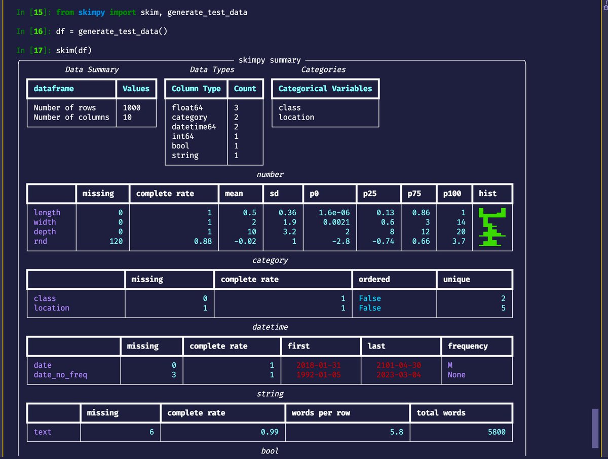 marlene_zw's tweet image. I've seen lots of great EDA tips for working in a jupyter notebook but FYI if you want to stay in the terminal and get an overview of your data you can use a #Python package called skimpy🐍✨
It uses rich and seems to be modeled after pandas profiling. Run `pip install skimpy`🥰