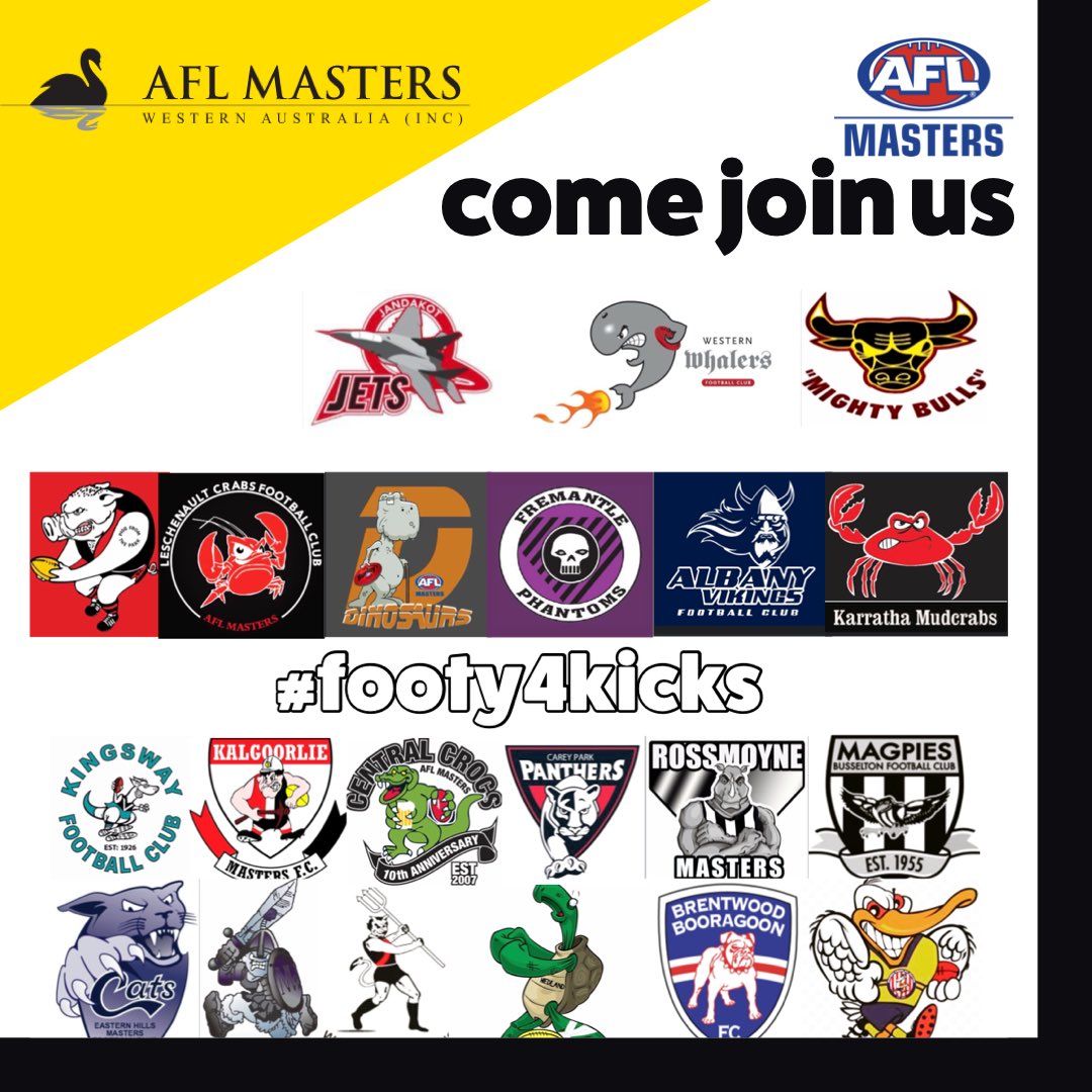 Just some of our many 
Metro, Country and Ladies Clubs.
“Come Join Us” in 2022
🔜 Round 1 starts in May
Visit our Instagram bio or
aflmasterswa.com.au/clubs/
for a club near you.
.
🏉
.
🏉
.
🏉
.
#waaflmasters
#footy4kicks 
#wafooty 
#wafooty🏉 
#aflmasters