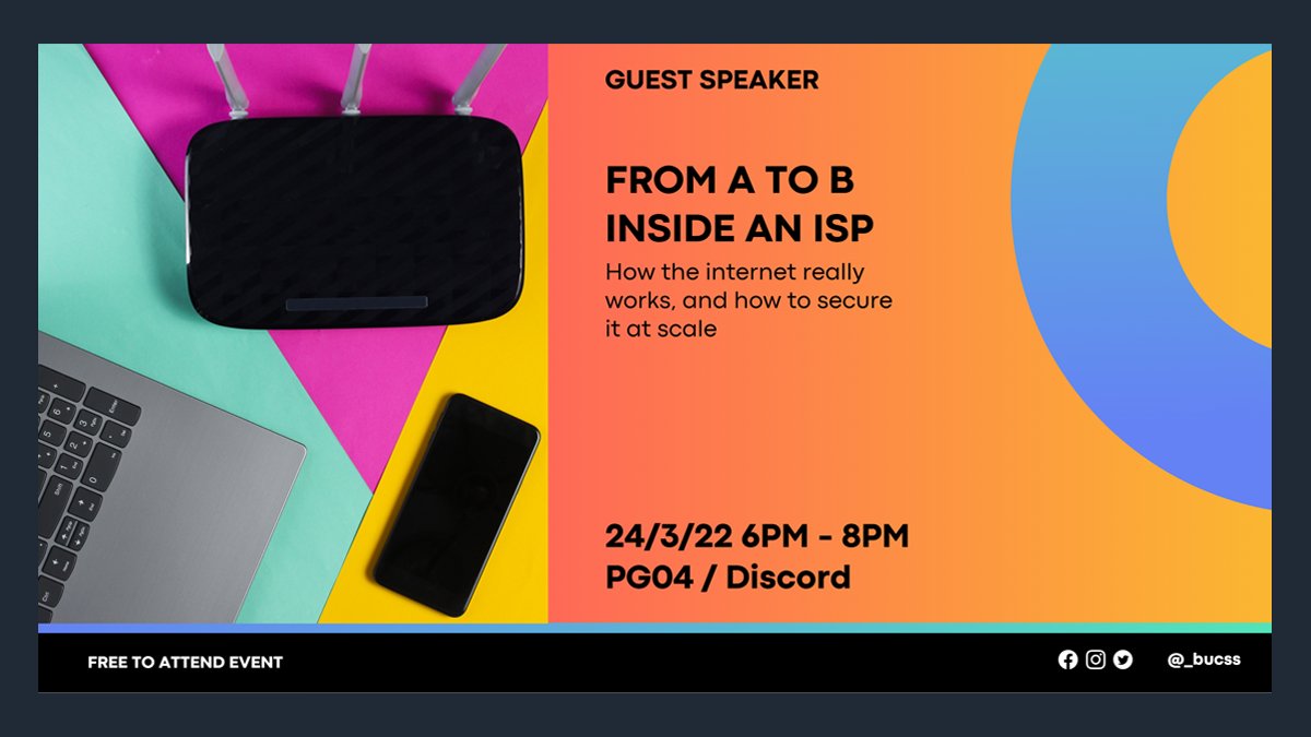 Come join us this week for a guest speaker talk from Raj, Head of Information Security at an ISP!

This Thursday 6-8pm in PG04/Discord!

This session is open to all members of Bournemouth University, please remember to bring a face covering unless exempt!

bucss.net/discord