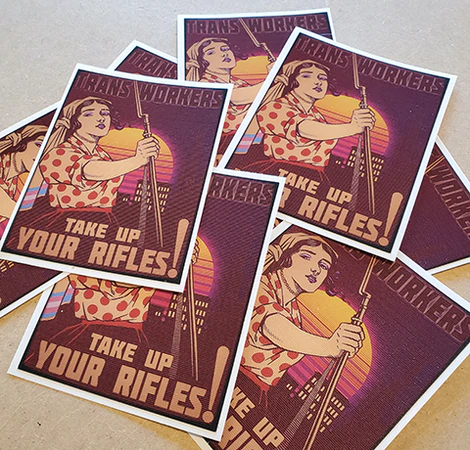 Transphobes stoke fear and hatred of trans people by creating wedge issues out of trans athletes and trans children. This fear and hate contributes directly to increased discrimination and violence against trans people.

Arm trans people for self defense!

shop.socialistra.org/products/3-x-4…