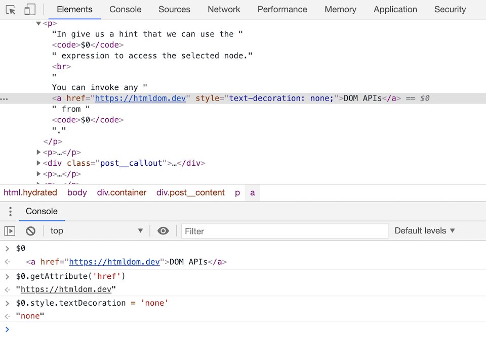 FrontendHacks's tweet image. When you select a node under the Elements tab, Chrome DevTools adds `== $0` right after the node. The DevTools remembers the last five selected nodes. In addition to `$0`, we can use `$1`, `$2`, `$3` and `$4` to access the last selected nodes. #Chrome #javascript #Frontend