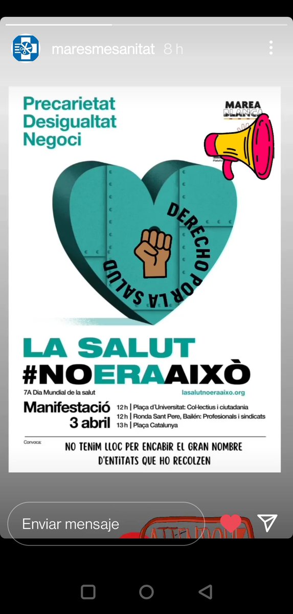 #LaSalutNoEraAixo
El #3Abril ens manifesten en Defensa dels nostres drets, vine també per defensar les condicions dignes dels treballadors sanitaris,  la #salut és cosa de tots, ciutadans i #sanitaris. Per què no escolten els polítics?
<a href="/MareaBlancaCAT/">Marea Blanca CAT</a>