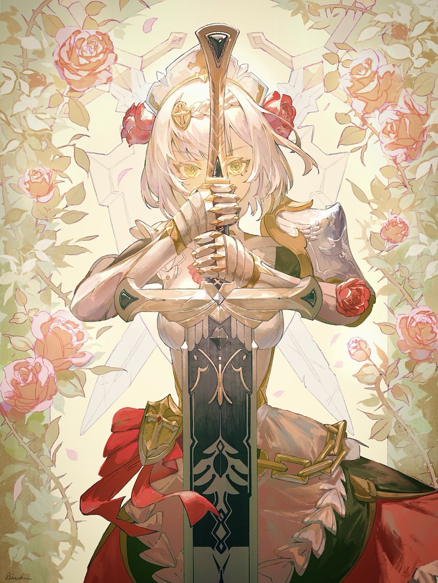 noelle (genshin impact) 1girl flower rose weapon sword solo red rose  illustration images