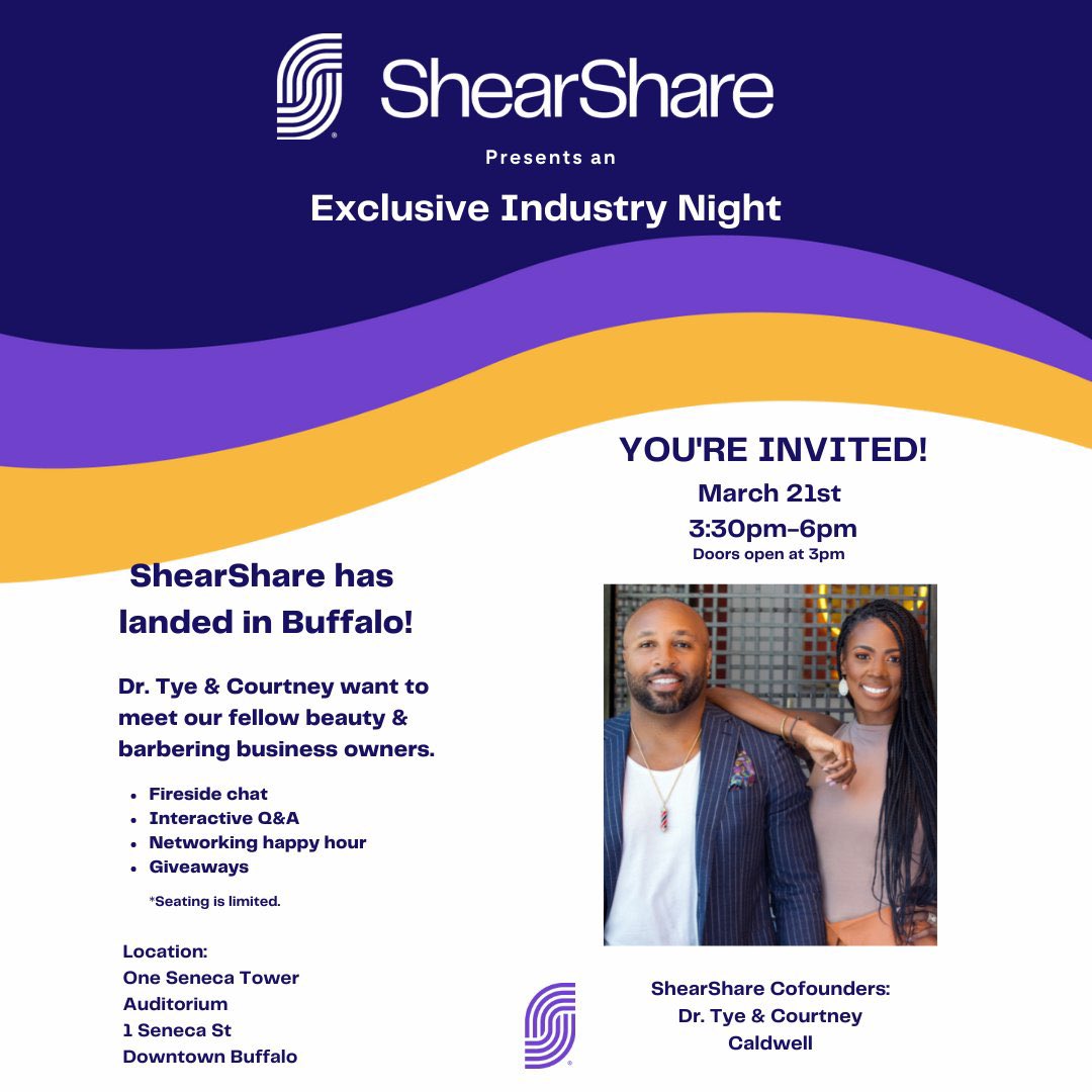 shearshare's tweet photo. Our Co-Founders, @DrTyeCaldwell &amp; @ShearShareCOO would like to invite all barbershop, salon and spa owners in the great City of #Buffalo for an Exclusive Industry Night! RSVP here: https://t.co/z8hVNHmxdq.
#StylistsSupportingStylists #BuffaloNY https://t.co/8MHkAvXMJZ