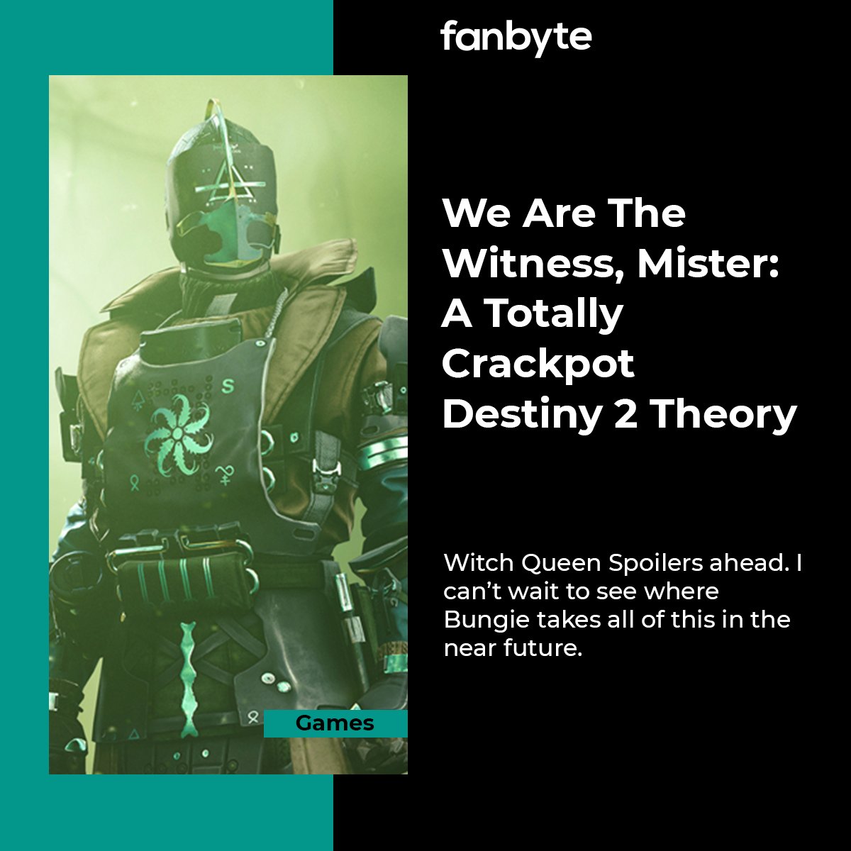 Image: A masked, knight-like figure is bathed in eerie green light and fog. Text reads: We are The Witness, mister: A totally crackpot Destiny 2 theory. Witch Queen spoilers ahead. I can't wait to see where Bungie takes all of this in the near future.