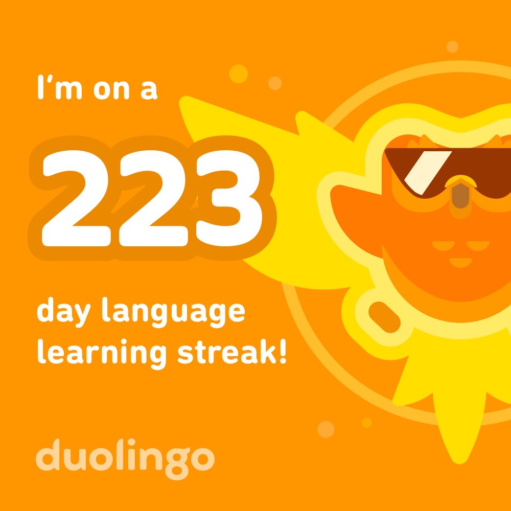 I’m on a 223 day streak learning Spanish on Duolingo! Join me? invite.duolingo.com/BDHTZTB5CWWKST…