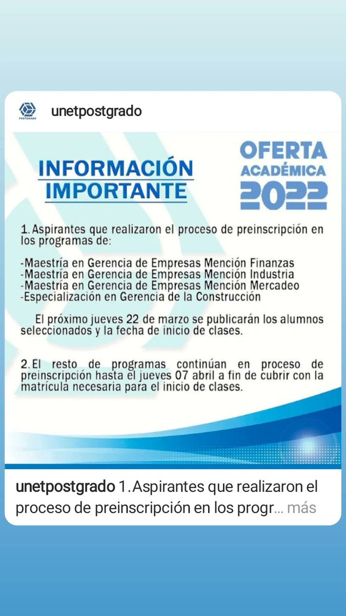 unetpostgrado's tweet photo. El próximo jueves 22 de marzo se publicarán los alumnos seleccionados y la fecha de inicio de clases.

El resto de programas continúan en proceso de preinscripción hasta el jueves 07 abril a fin de cubrir con la matrícula necesaria para el inicio de clases. 🎓🌎🇻🇪 https://t.co/EeZSkUI6SM