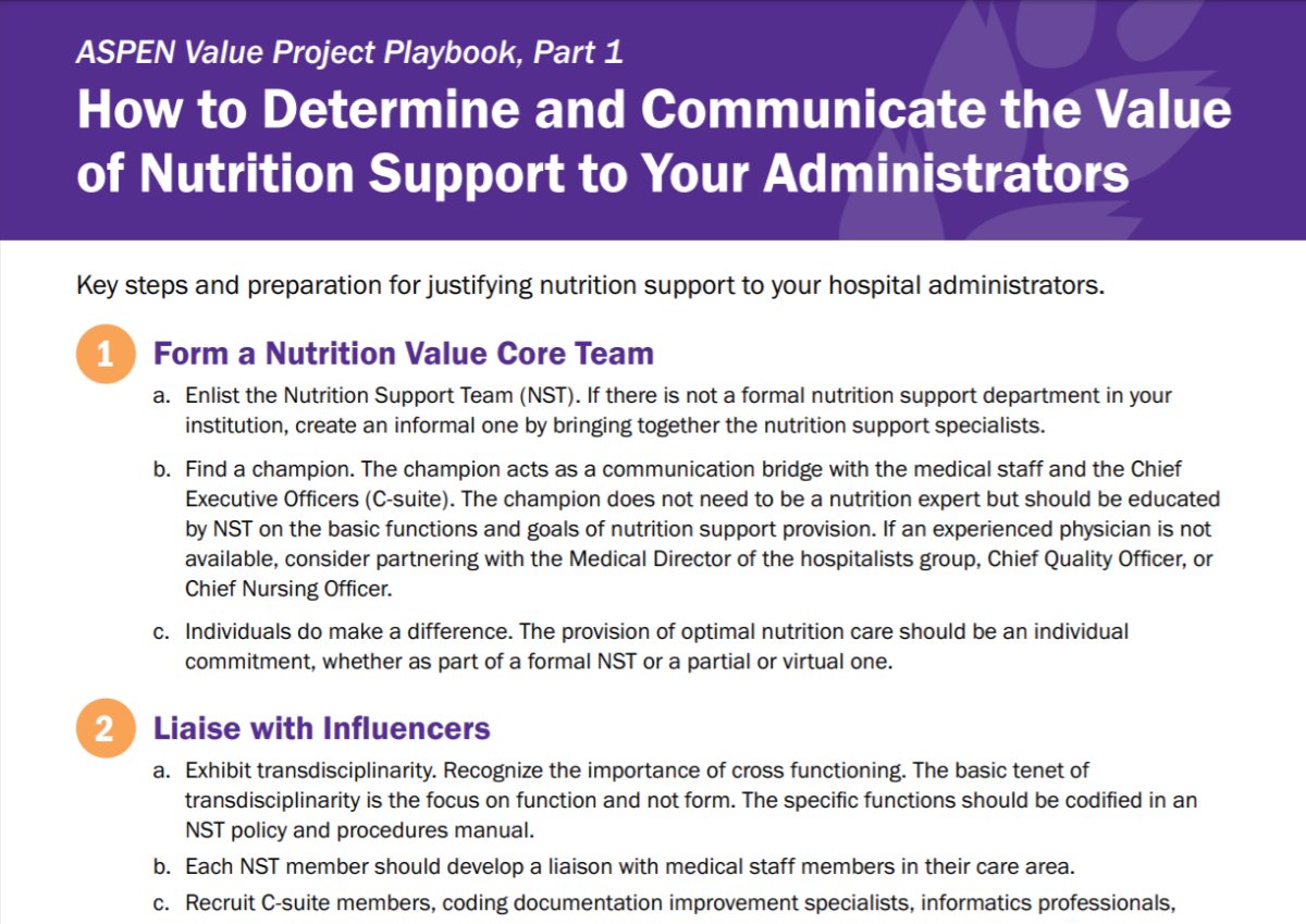ASPEN_nutrition's tweet photo. Communicate the value of nutrition support to your administrators! The Value Project Playbook includes preparation tips, messages for your presentation, and a worksheet for collecting institution-specific data. https://t.co/qBq6qZhR5w
#NationalNutritionMonth #NutritionMonthASPEN https://t.co/B8RuHIgkMP