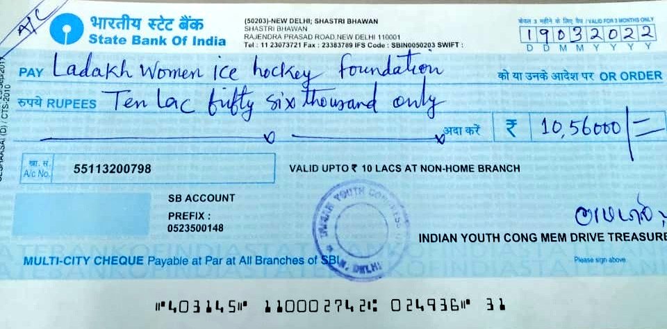 With profound gratitude, I thank the Indian Youth Congress <a href="/IYC/">Indian Youth Congress</a> on behalf of the Ladakh Women's Ice Hockey Foundation for donating INR 10.56 lacs! We are highly indebted for this generous support. 🙏🏼🇮🇳 Jai Hind!
 <a href="/INCIndia/">Congress</a> <a href="/Allavaru/">Krishna Allavaru</a> <a href="/srinivasiyc/">Srinivas BV</a> <a href="/harsimrankaurb2/">harsimran kaur bajwa</a> <a href="/lwihf2015/">Ladakh Women Ice Hockey Foundation</a>