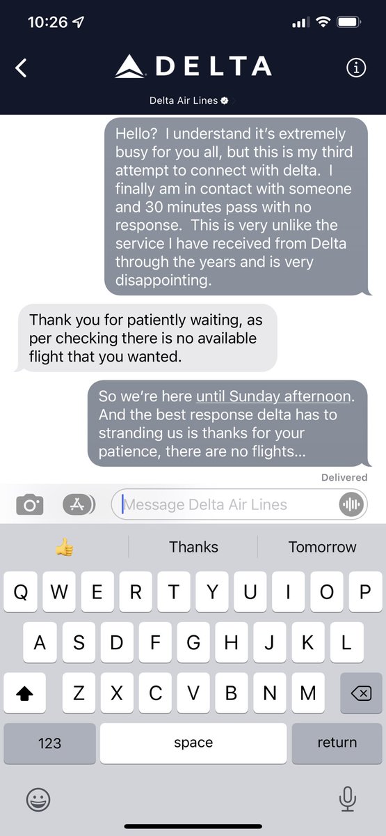 ckuhl's tweet photo. ⁦@Delta⁩ you cancel our red eye at the last minute, leave us stranded in AZ for 2 additional days and this is the response from customer services after nearly 12 hours. https://t.co/I02c2RDslV