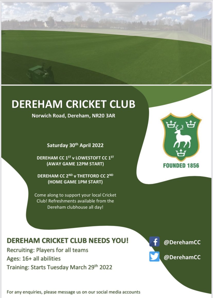 DerehamCC's tweet photo. It’s that time of year again. The cricket season is just round the corner and we need you! We are looking for players for our men’s senior teams, training starts Tuesday the 29th of March!

If you are interested please message us on here or Twitter for more info! https://t.co/70olA0Apkb