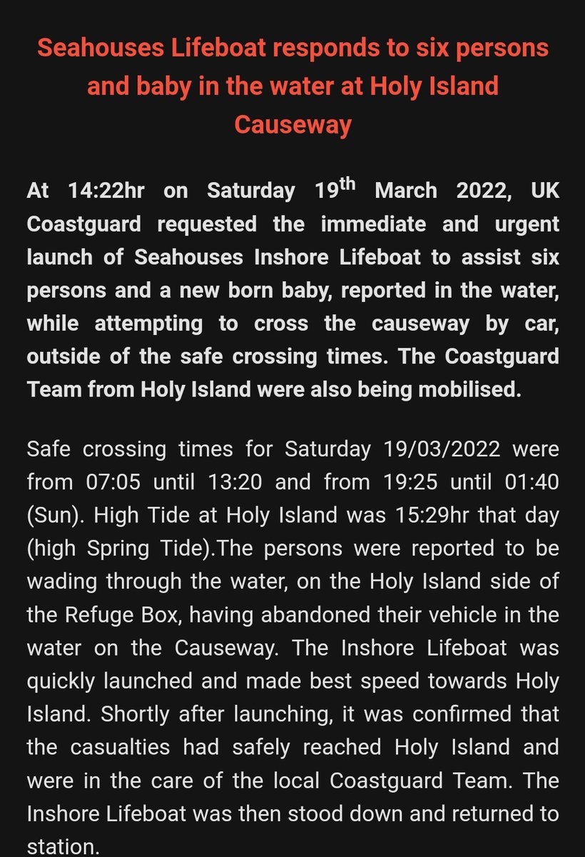 RNLISeahouses's tweet photo. The second call out in as many days to Holy Island Causeway, we've attached the details from today with 6 adults &amp; 1 new born.
#RNLI #Seahouses #Northumberland #HolyIsland https://t.co/pdzlnm0FMW