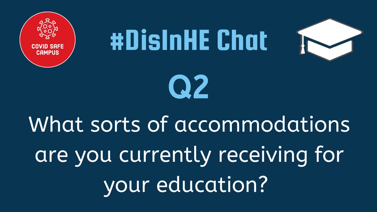 DisInHigherEd's tweet image. Q2: What sorts of accommodations are you currently receiving for oyur education? 

Remember to use the hashtag #DisInHEChat! You can also DM us or @COVIDSafeCampus if you would like to submit an answer anonymously. Also, feel free to answer at your own pace! #DisInHigherEd