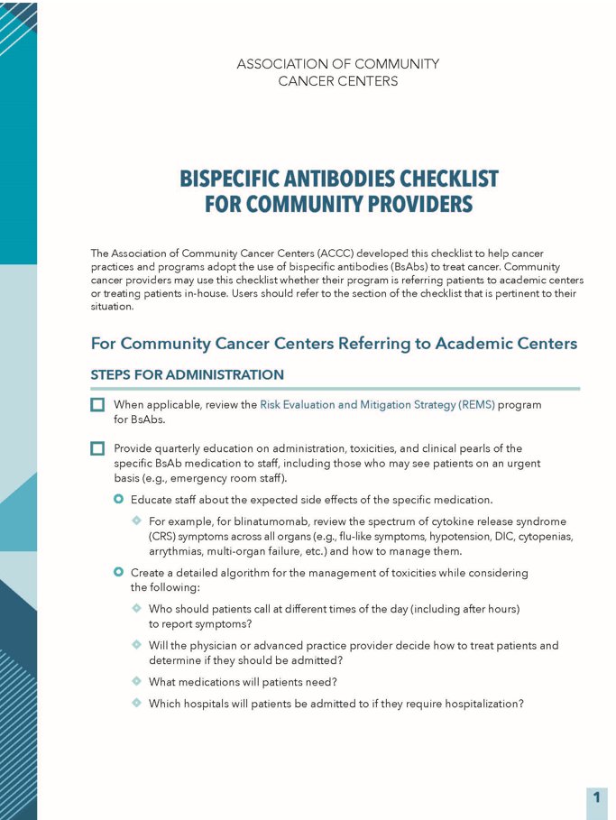 ACCCBuzz's tweet photo. Does your #CancerProgram or practice want to learn more about adopting #BispecificAntibodies to treat cancer? ACCC &amp; @LLSusa developed a checklist [📝🔗 https://t.co/YLDVlC1lO3] that providers can use whether referring patients to academic centers or treating #patients in-house. https://t.co/VT0jo3rnLS